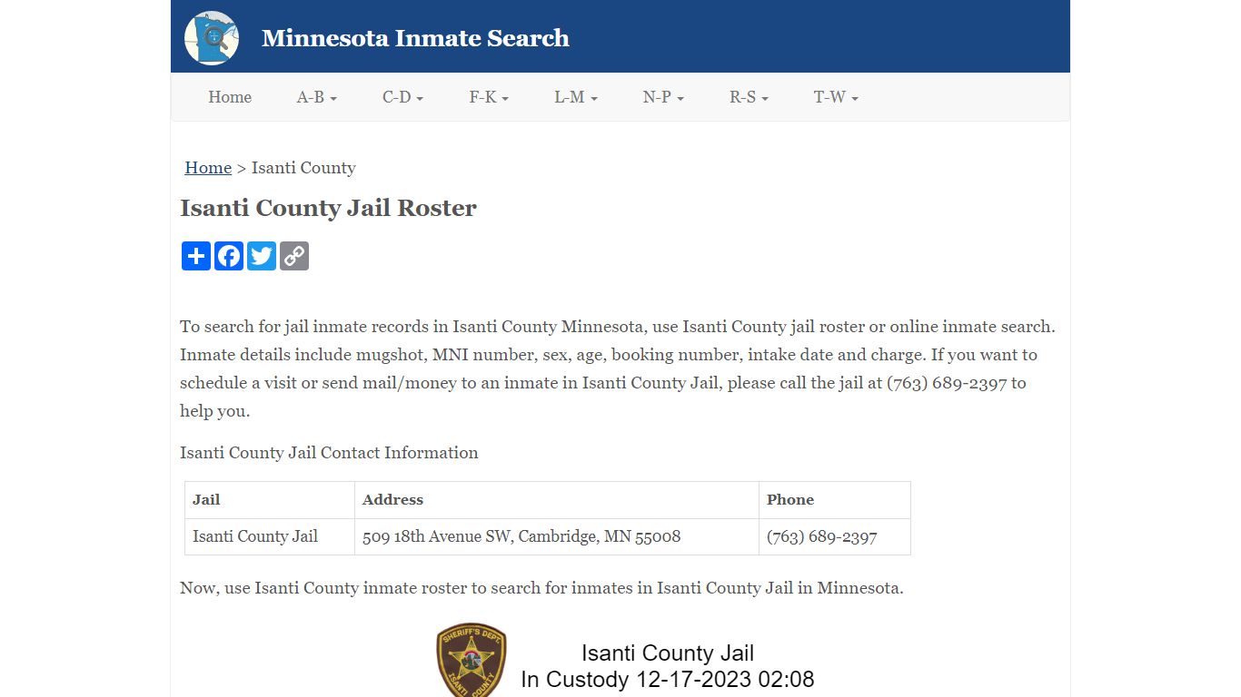 Isanti County Jail Roster - Minnesota Inmate Search